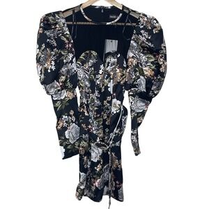 Lavish Alice Black Floral‎ Puff Sleeve Mesh Corset Short  Dress
